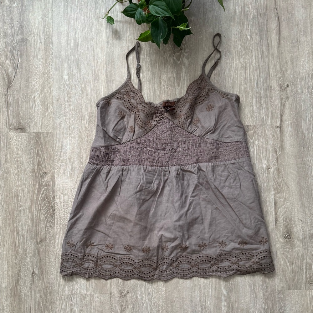 Vintage Y2K Brown Gray Embroidered Eyelet Smocked waist babydoll top size L